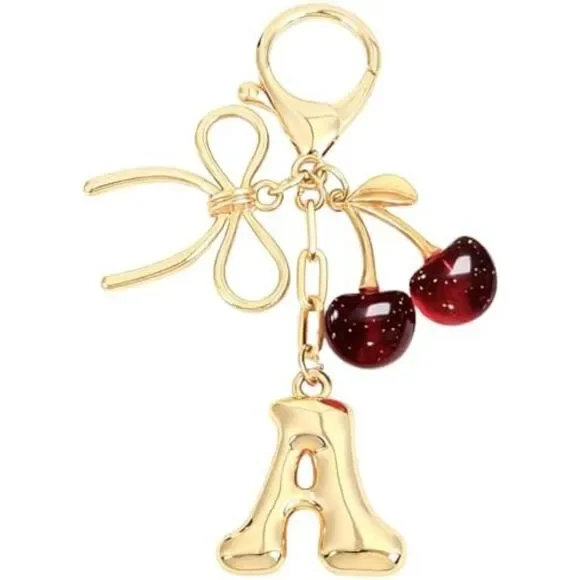 Bubble Initial Keychain Bow Cherry Gold Letter Bag Charm for Women Purse Handbag - Picture 1 of 7